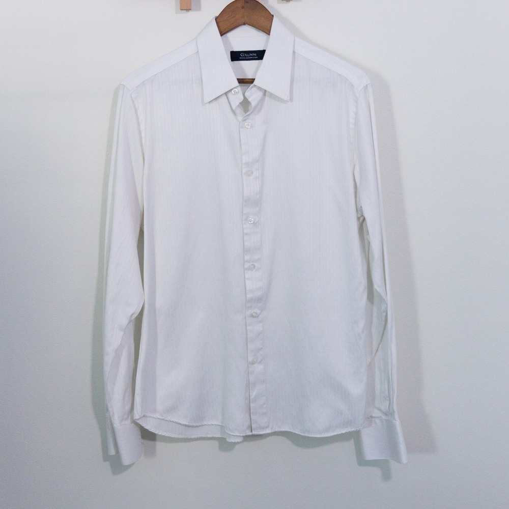 Ccillinni Mens White Long Sleeve Button Down Dress Shirt Tonal Stripe Size L